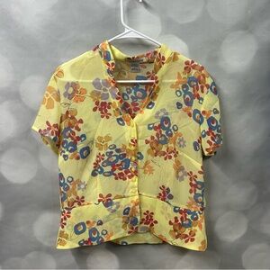Notations yellow, orange, blue and‎ purple floral button down sheer top